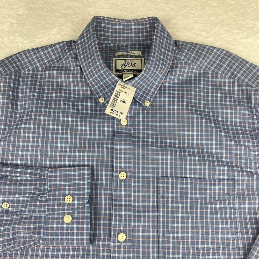 Jos. A. Bank 1905 Shirt Mens Large Blue/Pink Checks Tailored Fit Stretch NWT!